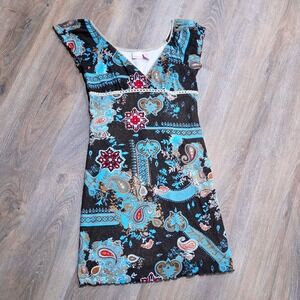 Xhilaration Vintage Y2K Paisley Mini Dress Brown Turquoise Boho Lace Trim Large